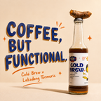 Boring Foods Company x Project Kaapi Turmeric Cold Brew bottle with fresh turmeric root on the cap