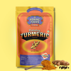 Lakdang Turmeric powder packaging from The Boring Foods Company on a yellow background