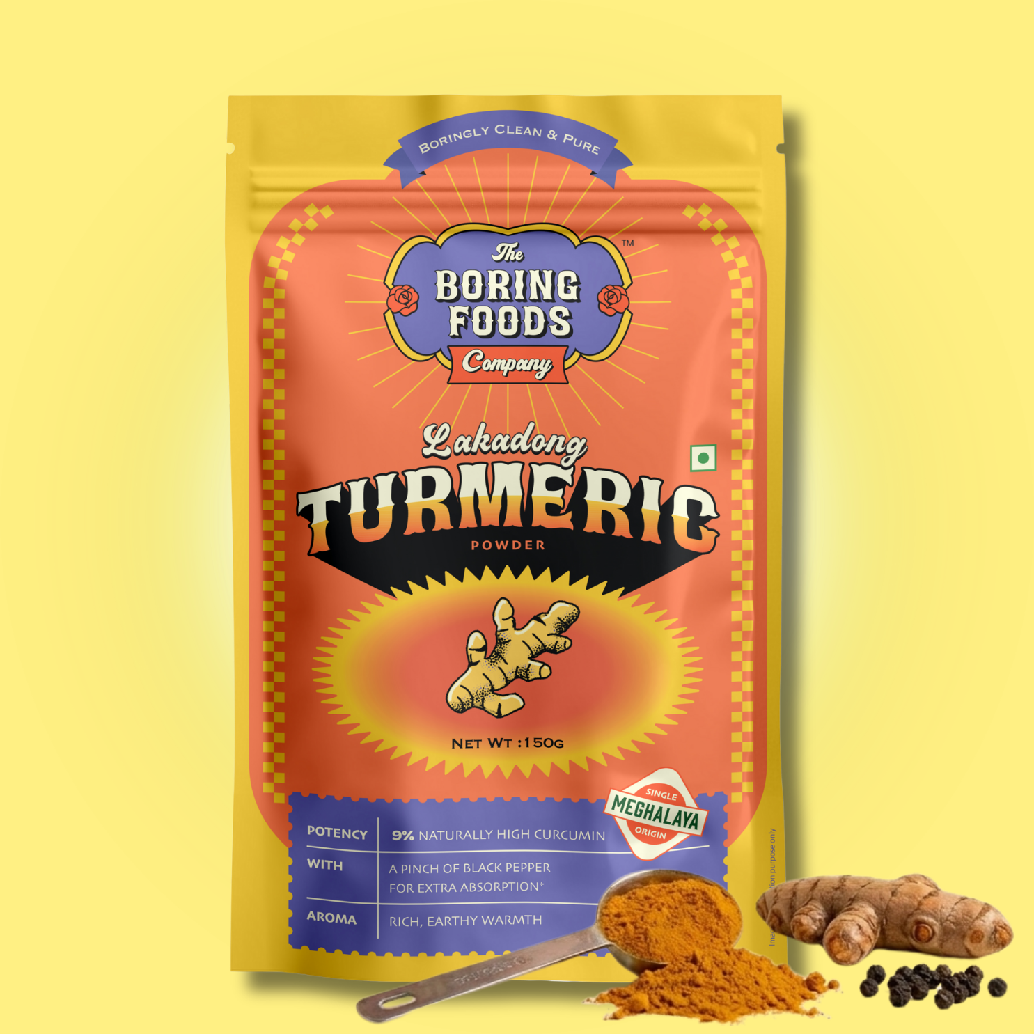 Lakdang Turmeric powder packaging from The Boring Foods Company on a yellow background